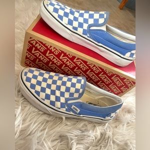 Blue checkered Vans slip ons